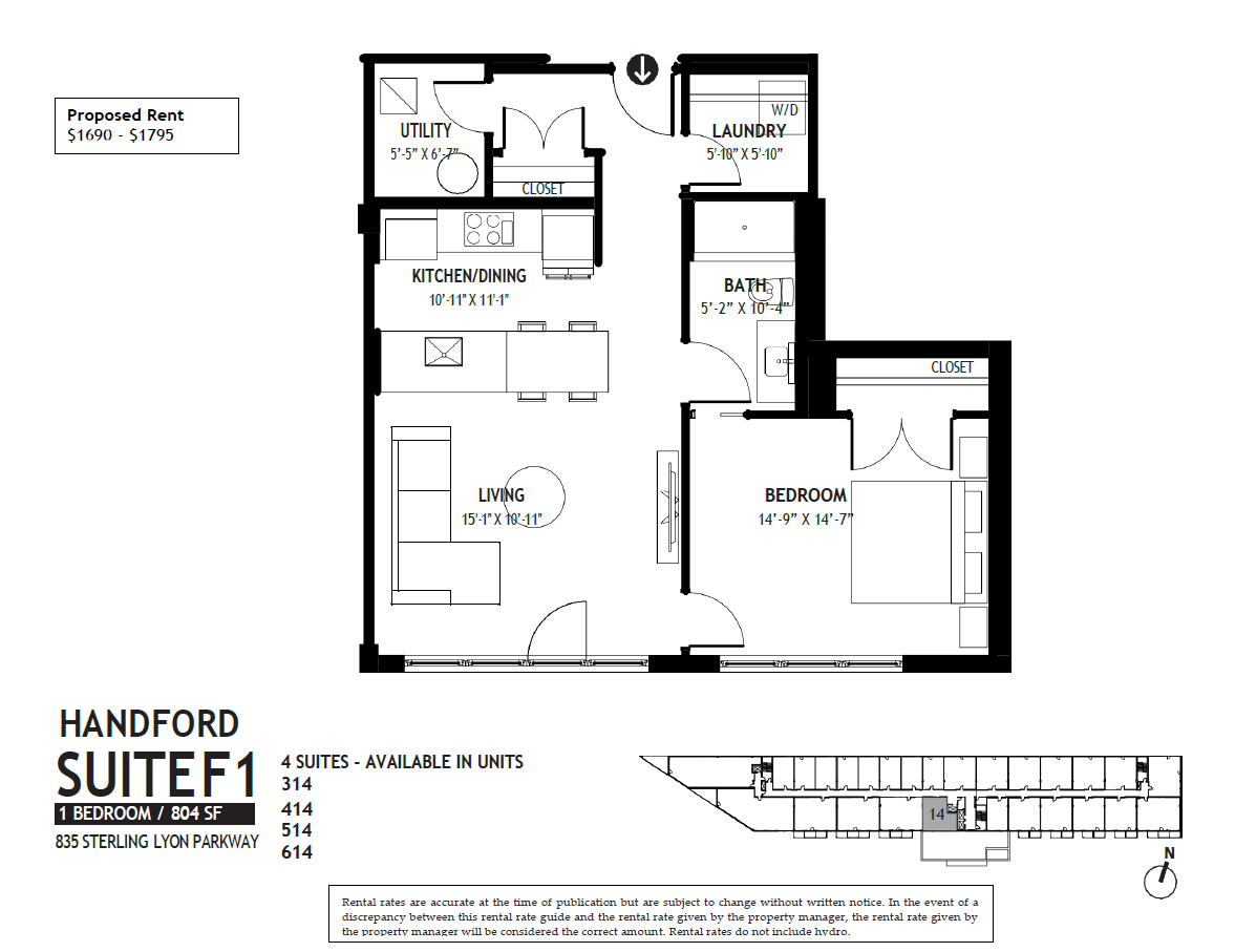 Floor plan for 1 bed, 1 bath, 804 sqft